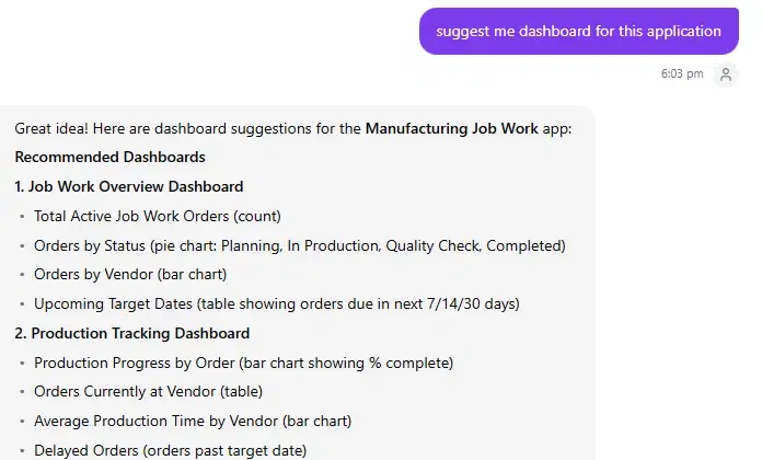 DGlide AI engine suggesting dashboards for the Manufacturing Job Work app