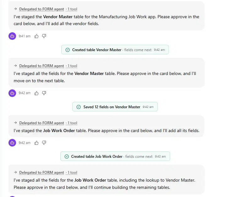 DGlide AI engine creating the Vendor Master and Job Work Order tables after approval