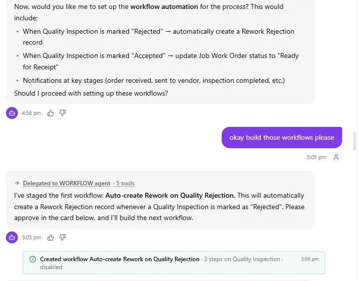 A request to build workflows, followed by the AI engine creating the first workflow