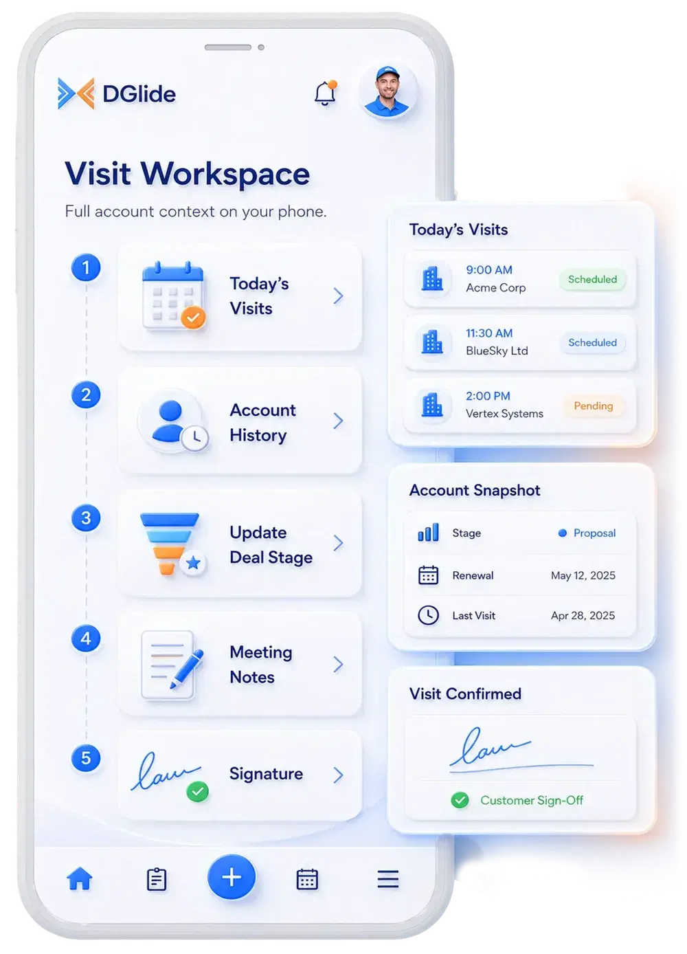 DGlide CRM mobile account and visit workflow