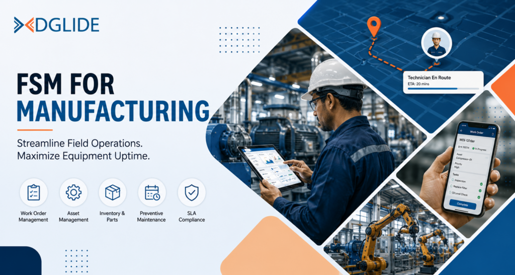 FSM for manufacturing software dashboard managing field technicians, assets, predictive maintenance, and industrial operations in factory setup