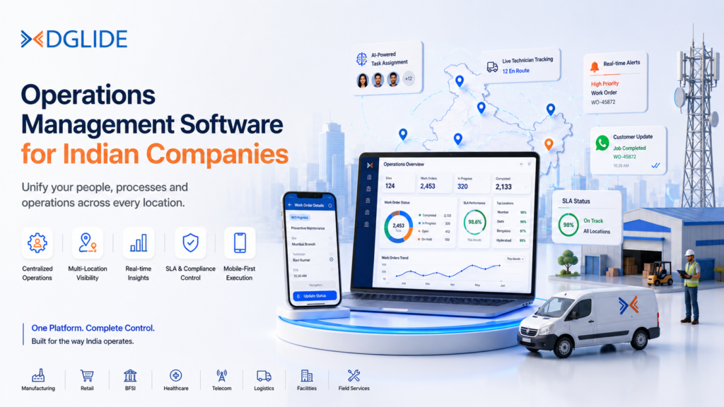 Operations management software for Indian companies banner showing centralized workflows, multi-location visibility, SLA tracking, mobile-first execution, and real-time operational dashboards with DGlide.