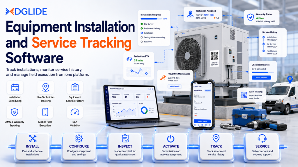 Equipment installation and service tracking software banner showing installation scheduling, technician tracking, warranty management, asset tracking, and preventive maintenance workflows with DGlide.